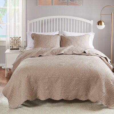 Greenland Home Fashions La Jolla Taupe Quilt Set 3-Piece Full/Queen 90x90 + 20x26 (2), 636047430014, GL-2108KMSQ