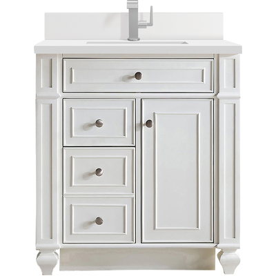 James Martin Bristol 30 inch Single Vanity, Bright White w/ Single Hole 3 CM White Zeus Quartz Top & Backsplash, 840108975516, 157-V30-BW-1WZ