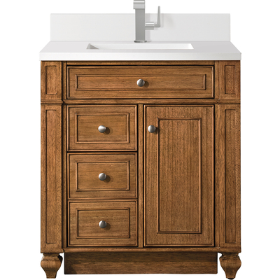 James Martin Bristol 30 inch Single Vanity, Saddle Brown w/ Single Hole 3 CM White Zeus Quartz Top & Backsplash, 840108975523, 157-V30-SBR-1WZ