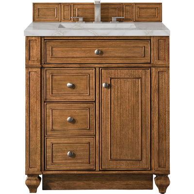 James Martin Bristol 30 inch Single Vanity, Saddle Brown w/ 3 CM Victorian Silver Quartz Top, 840108965654, 157-V30-SBR-3VSL