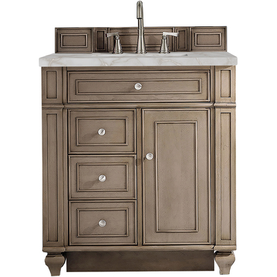 James Martin Bristol 30 inch Single Vanity, Whitewashed Walnut w/ 3 CM Victorian Silver Quartz Top, 840108965661, 157-V30-WW-3VSL