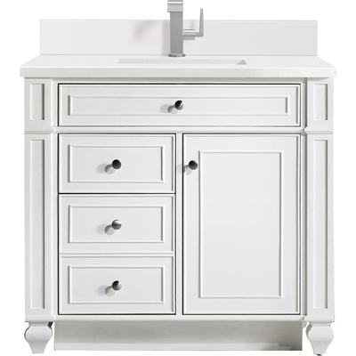 James Martin Bristol 36 inch Single Vanity, Bright White w/ Single Hole 3 CM White Zeus Quartz Top & Backsplash, 840108975820, 157-V36-BW-1WZ