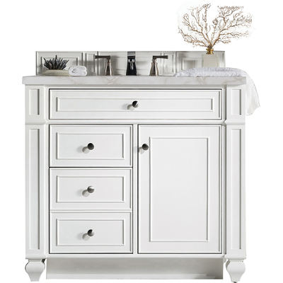 James Martin Bristol 36 inch Single Vanity, Bright White w/ 3 CM Victorian Silver Quartz Top, 840108965678, 157-V36-BW-3VSL