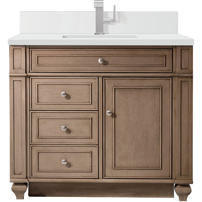 James Martin Bristol 36 inch Single Vanity, Whitewashed Walnut w/ Single Hole 3 CM White Zeus Quartz Top & Backsplash, 840108975844, 157-V36-WW-1WZ