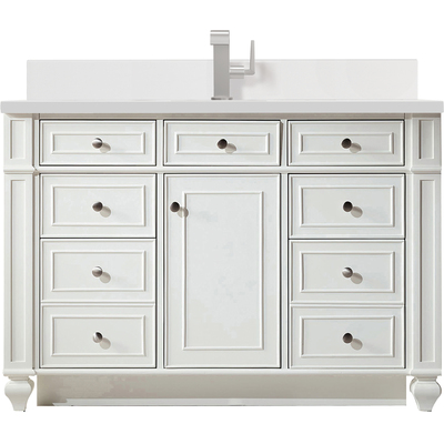 James Martin Bristol 48 inch Single Vanity, Bright White w/ Single Hole 3 CM White Zeus Quartz Top & Backsplash, 840108976186, 157-V48-BW-1WZ