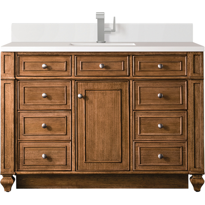 James Martin Bristol 48 inch Single Vanity, Saddle Brown w/ Single Hole 3 CM White Zeus Quartz Top & Backsplash, 840108976193, 157-V48-SBR-1WZ