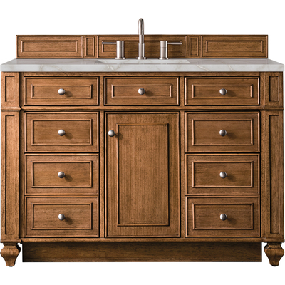 James Martin Bristol 48 inch Single Vanity, Saddle Brown w/ 3 CM Victorian Silver Quartz Top, 840108965715, 157-V48-SBR-3VSL