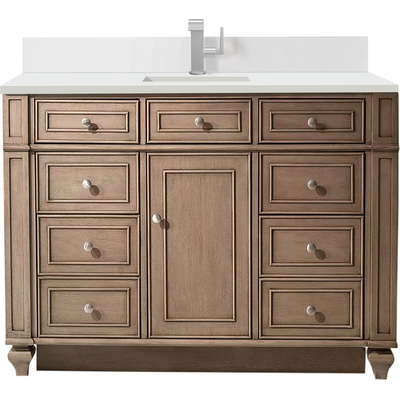 James Martin Bristol 48 inch Single Vanity, Whitewashed Walnut w/ Single Hole 3 CM White Zeus Quartz Top & Backsplash, 840108976209, 157-V48-WW-1WZ