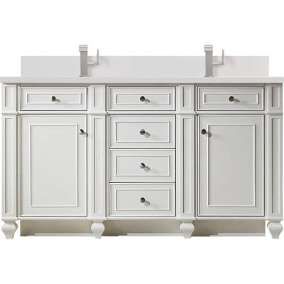 James Martin Bristol 60 inch Double Vanity, Bright White w/ Single Hole 3 CM White Zeus Quartz Top & Backsplash, 840108976520, 157-V60D-BW-1WZ