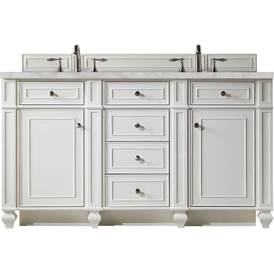 James Martin Bristol 60 inch Double Vanity, Bright White w/ 3 CM Victorian Silver Quartz Top, 840108965739, 157-V60D-BW-3VSL