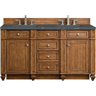 James Martin Bristol 60 inch Double Vanity, Saddle Brown w/ 3 CM Parisien Bleu Quartz Top, 840108967559, 157-V60D-SBR-3PBL