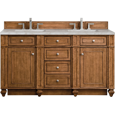 James Martin Bristol 60 inch Double Vanity, Saddle Brown w/ 3 CM Victorian Silver Quartz Top, 840108965746, 157-V60D-SBR-3VSL