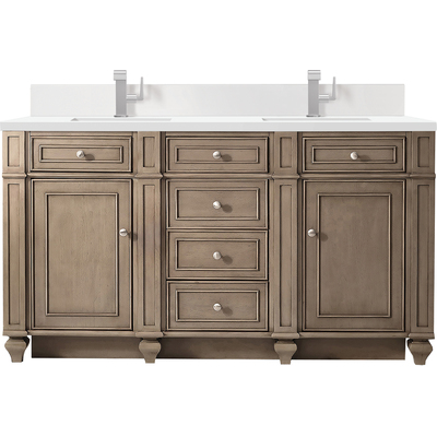 James Martin Bristol 60 inch Double Vanity, Whitewashed Walnut w/ Single Hole 3 CM White Zeus Quartz Top & Backsplash, 840108976544, 157-V60D-WW-1WZ