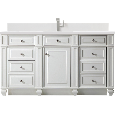 James Martin Bristol 60 inch Single Vanity, Bright White w/ Single Hole 3 CM White Zeus Quartz Top & Backsplash, 840108976780, 157-V60S-BW-1WZ