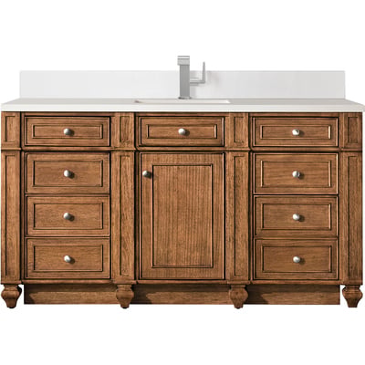 James Martin Bristol 60 inch Single Vanity, Saddle Brown w/ Single Hole 3 CM White Zeus Quartz Top & Backsplash, 840108976797, 157-V60S-SBR-1WZ