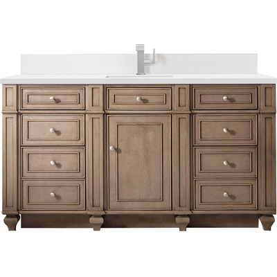 James Martin Bristol 60 inch Single Vanity, Whitewashed Walnut w/ Single Hole 3 CM White Zeus Quartz Top & Backsplash, 840108976803, 157-V60S-WW-1WZ
