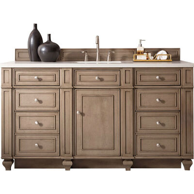 James Martin Bristol 60 inch Single Vanity, Whitewashed Walnut w/ 3 CM Eternal Jasmine Pearl Silestone Top w/FreePower Wireless Charger, 840467809392, 157-V60S-WW-FEJP
