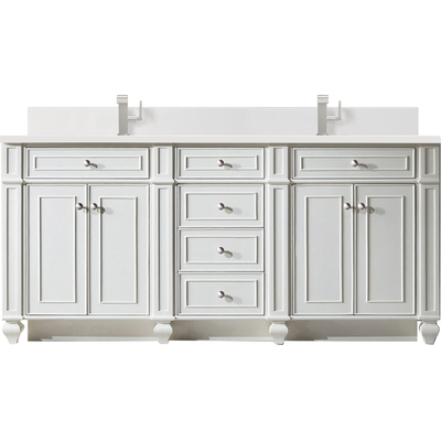 James Martin Bristol 72 inch Double Vanity, Bright White w/ Single Hole 3 CM White Zeus Quartz Top & Backsplash, 840108977046, 157-V72-BW-1WZ