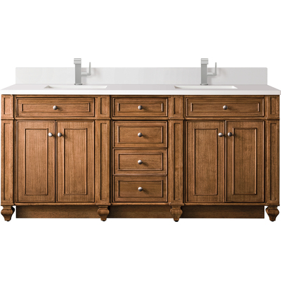 James Martin Bristol 72 inch Double Vanity, Saddle Brown w/ Single Hole 3 CM White Zeus Quartz Top & Backsplash, 840108977053, 157-V72-SBR-1WZ