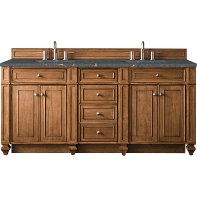 James Martin Bristol 72 inch Double Vanity, Saddle Brown w/ 3 CM Parisien Bleu Quartz Top, 840108967610, 157-V72-SBR-3PBL