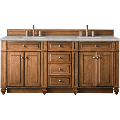 James Martin Bristol 72 inch Double Vanity, Saddle Brown w/ 3 CM Victorian Silver Quartz Top, 840108965807, 157-V72-SBR-3VSL