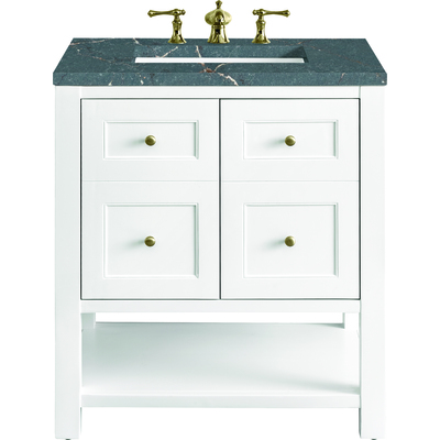 James Martin Breckenridge 30 inch Single Vanity, Bright White w/ 3 CM Parisien Bleu Top, 840108967771, 330-V30-BW-3PBL