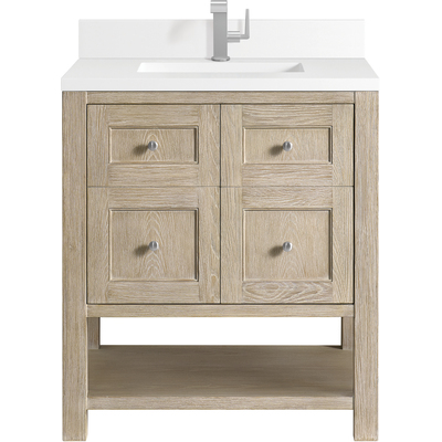 James Martin Breckenridge 30 inch Single Vanity, Whitewashed Oak w/ Single Hole 3CM White Zeus Quartz Top & Backsplash, 840108970672, 330-V30-WWO-1WZ