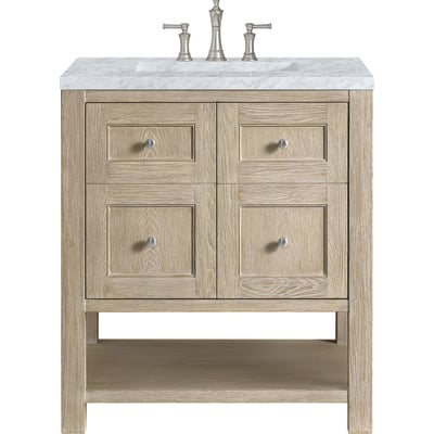 James Martin Breckenridge 30 inch Single Vanity, Whitewashed Oak w/ 3 CM Carrara White Marble Top, 840108970573, 330-V30-WWO-3CAR