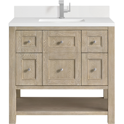 James Martin Breckenridge 36 inch Single Vanity, Whitewashed Oak w/ Single Hole 3CM White Zeus Quartz Top & Backsplash, 840108970795, 330-V36-WWO-1WZ
