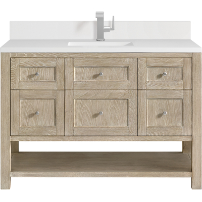 James Martin Breckenridge 48 inch Single Vanity, Whitewashed Oak w/ Single Hole 3CM White Zeus Quartz Top & Backsplash, 840108970917, 330-V48-WWO-1WZ