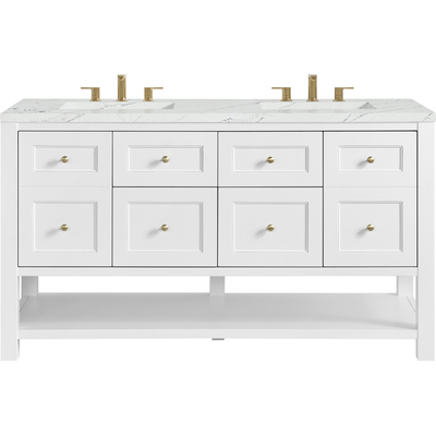 James Martin Breckenridge 60 inch Double Vanity, Bright White, w/ 3 CM Ethereal Noctis Quartz Top w/FreePower Wireless Charger, 840467809750, 330-V60D-BW-FENC