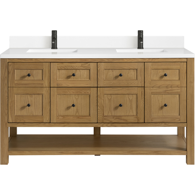James Martin Breckenridge 60 inch Double Vanity, Light Natural Oak, w/ Single Hole 3 CM White Zeus Quartz Top & Backsplash, 840467800412, 330-V60D-LNO-1WZ