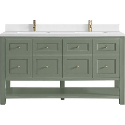 James Martin Breckenridge 60 inch Double Vanity, Smokey Celadon, w/ Single Hole 3 CM White Zeus Quartz Top & Backsplash, 840467800528, 330-V60D-SC-1WZ