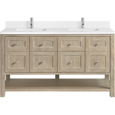 James Martin Breckenridge 60 inch Double Vanity, Whitewashed Oak, w/ Single Hole 3 CM White Zeus Quartz Top & Backsplash, 840467800696, 330-V60D-WWO-1WZ
