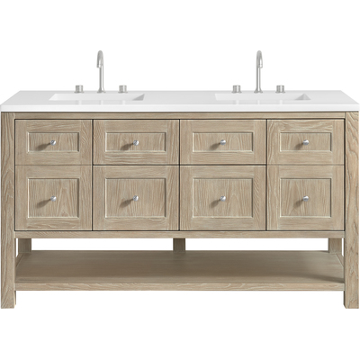 James Martin Breckenridge 60 inch Double Vanity, Whitewashed Oak, w/ 3 CM White Zeus Quartz Top, 840467800771, 330-V60D-WWO-3WZ