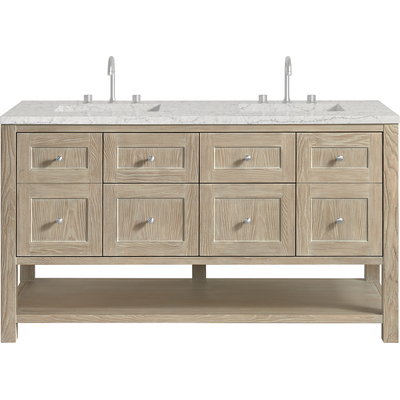 James Martin Breckenridge 60 inch Double Vanity, Whitewashed Oak, w/ 3 CM Eternal Jasmine Pearl Quartz Top w/FreePower Wireless Charger, 840467809897, 330-V60D-WWO-FEJP