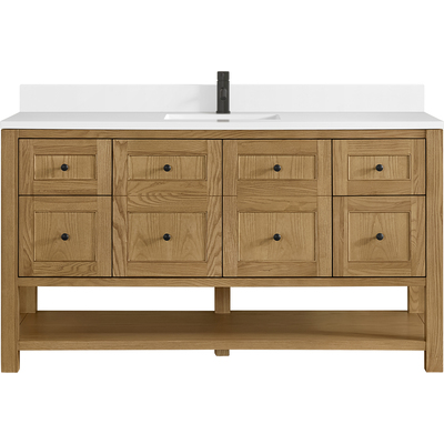 James Martin Breckenridge 60 inch Single Vanity, Light Natural Oak, w/ Single Hole 3 CM White Zeus Quartz Top & Backsplash, 840467800870, 330-V60S-LNO-1WZ