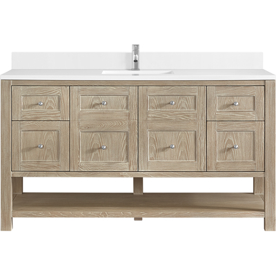 James Martin Breckenridge 60 inch Single Vanity, Whitewashed Oak, w/ Single Hole 3 CM White Zeus Quartz Top & Backsplash, 840467801136, 330-V60S-WWO-1WZ