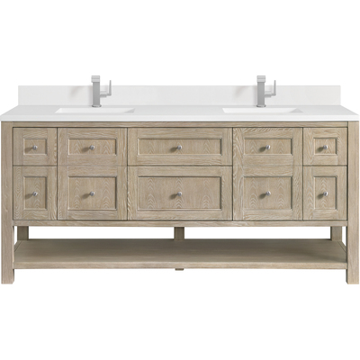 James Martin Breckenridge 72 inch Double Vanity, Whitewashed Oak w/ Single Hole 3 CM White Zeus Quartz Top & Backsplash, 840108971037, 330-V72-WWO-1WZ