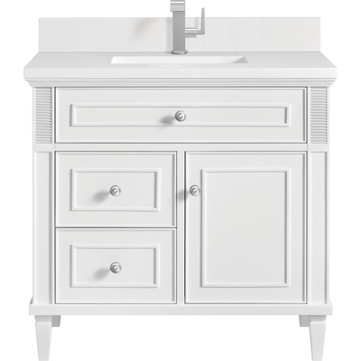 James Martin Lorelai 36 inch Single Vanity, Bright White w/ Single Hole 3 CM White Zeus Quartz Top & Backsplash, 840108971266, 424-V36-BW-1WZ