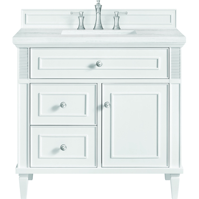 James Martin Lorelai 36 inch Single Vanity, Bright White w/ 3 CM Arctic Fall Solid Surface Top, 840108971174, 424-V36-BW-3AF