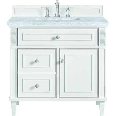 James Martin Lorelai 36 inch Single Vanity, Bright White w/ 3 CM Carrara White Marble Top, 840108971167, 424-V36-BW-3CAR