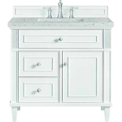 James Martin Lorelai 36 inch Single Vanity, Bright White w/ 3 CM Eternal Jasmine Pearl Quartz Top, 840108971181, 424-V36-BW-3EJP
