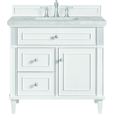 James Martin Lorelai 36 inch Single Vanity, Bright White w/ 3 CM Victorian Silver Quartz Top, 840108971242, 424-V36-BW-3VSL