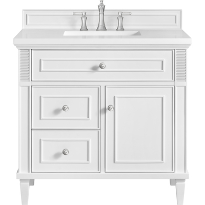 James Martin Lorelai 36 inch Single Vanity, Bright White w/ 3 CM White Zeus Quartz Top, 840108971150, 424-V36-BW-3WZ