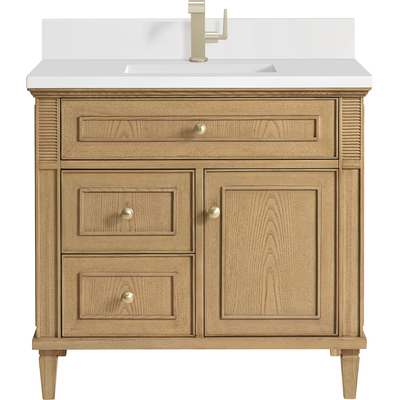 James Martin Lorelai 36 inch Single Vanity, Light Natural Oak w/ Single Hole 3 CM White Zeus Quartz Top & Backsplash, 840108971372, 424-V36-LNO-1WZ