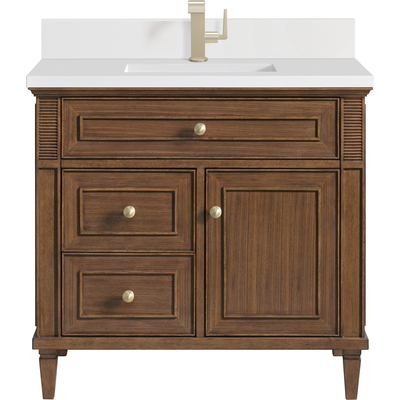 James Martin Lorelai 36 inch Single Vanity, Mid-Century Walnut w/ Single Hole 3 CM White Zeus Quartz Top & Backsplash, 840108971488, 424-V36-WLT-1WZ