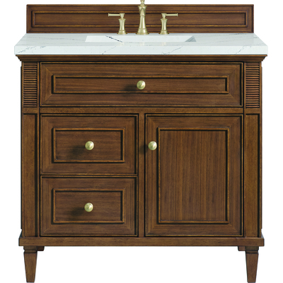 James Martin Lorelai 36 inch Single Vanity, Mid-Century Walnut w/ 3 CM Ethereal Noctis Quartz Top, 840108971426, 424-V36-WLT-3ENC