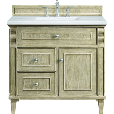 James Martin Lorelai 36 inch Single Vanity, Whitewashed Oak w/ 3 CM Arctic Fall Solid Surface Top, 840108971518, 424-V36-WWO-3AF