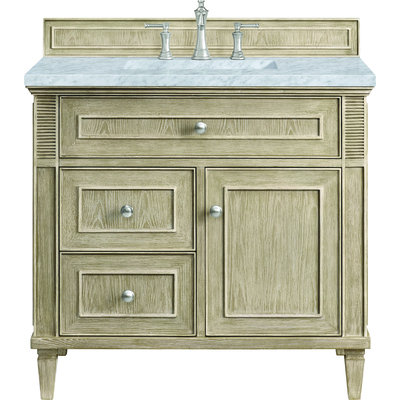 James Martin Lorelai 36 inch Single Vanity, Whitewashed Oak w/ 3 CM Carrara White Marble Top, 840108971501, 424-V36-WWO-3CAR